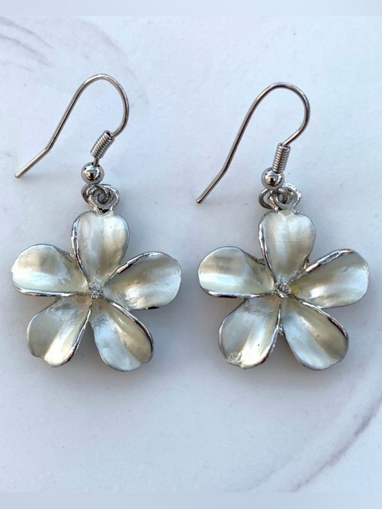 Jewelry - Hawaiian Plumeria Floral Silver-Tone and Crystal Dangling Earrings